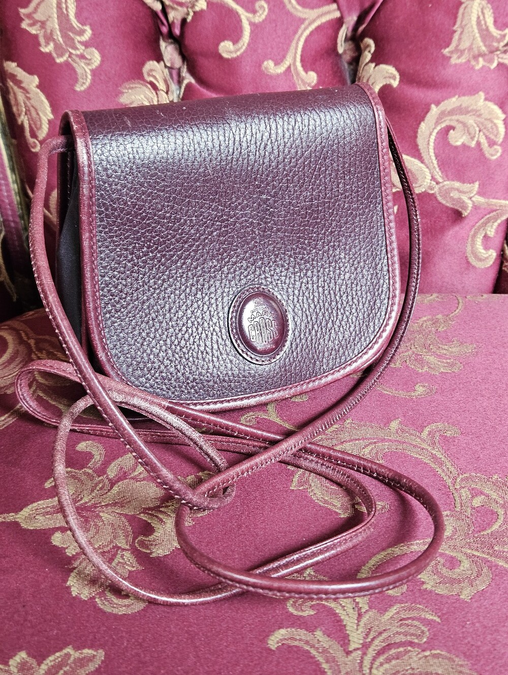 Vintage Mark Cross Textured Pebbled Leather Saddle Crossbody Bag, Burgundy Color